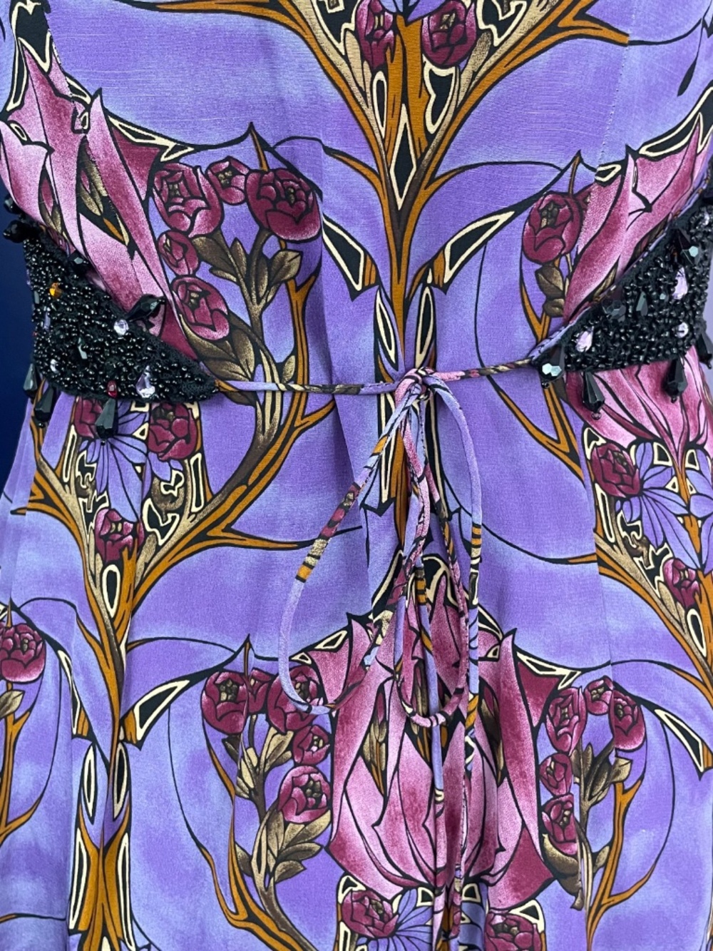 Tracy Reese 100% Silk Dress 6 Y2K Rhinestone Jeweled Floral Empire Waist Purple - Picture 12 of 14
